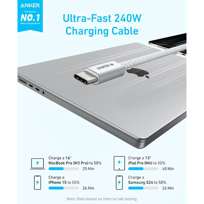 کابل تبدیل USB-C به USB-C انکر مدل Zolo A8060h11 طول 1 متر با توان 240 وات